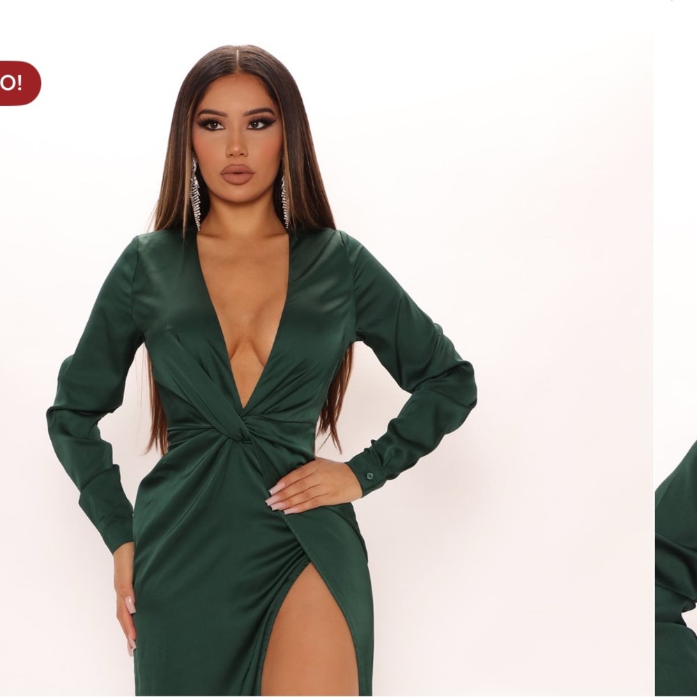 Fashion Nova Green Bodycon Dress with Plunge Neckline